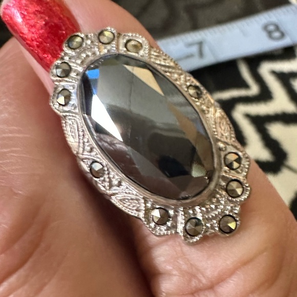 Vintage Jewelry - Vintage Art Deco Sterling Silver Marcasite & Hematite Cocktail / Right Hand Ring